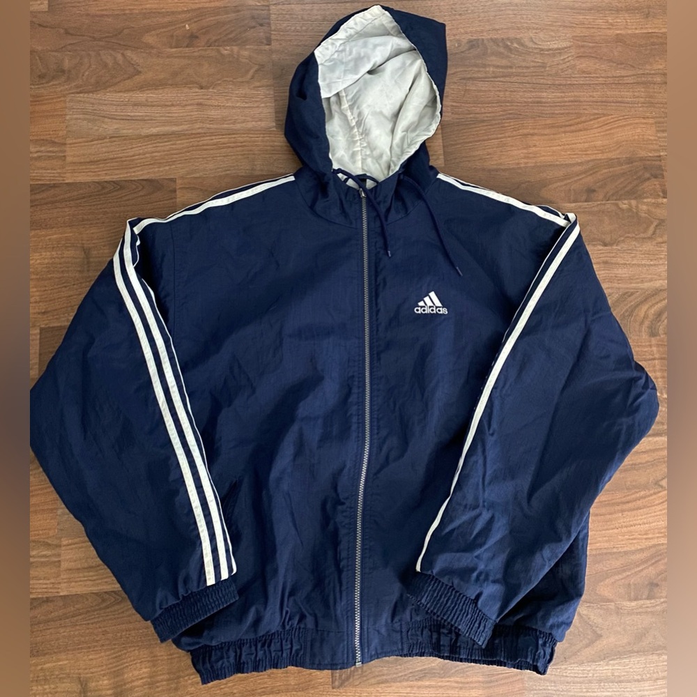 Vintage Adidas 90s Men's Navy Hooded Track Jacket